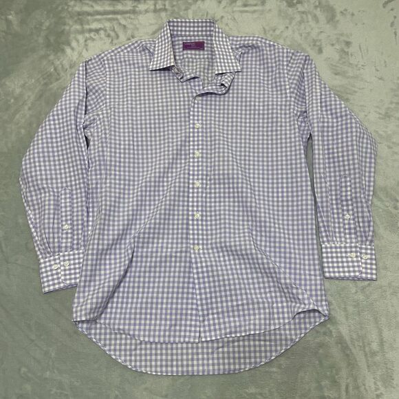 LorenzoUomo Shirt Mens 16 32/33 Purple Check Trim Fit Cotton Button Up Business - Picture 1 of 7